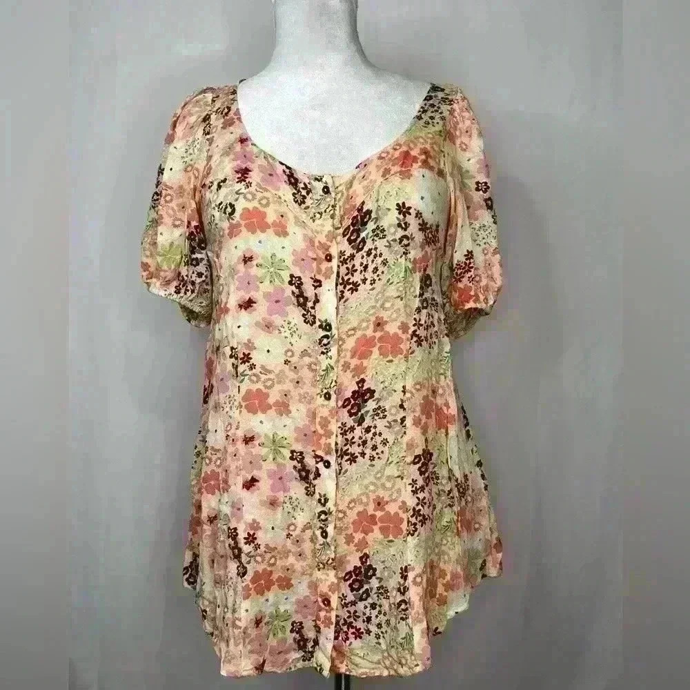 Free People Callie Tunic Top‎ Floral Boho Scoop Neck Size XS